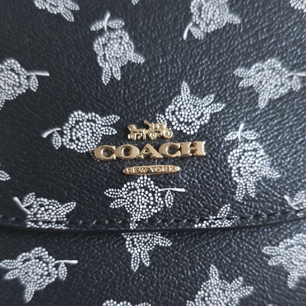 NWOT COACH Black Leather Trifold Wallet Black With White Floral Print - Picture 2 of 10